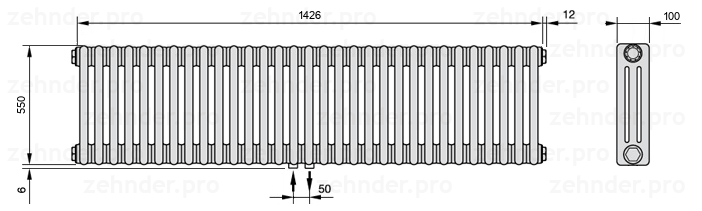 Схема (чертеж) Радиатор Zehnder Charleston 3055/31 №3470 Белый глянцевый RAL 9016